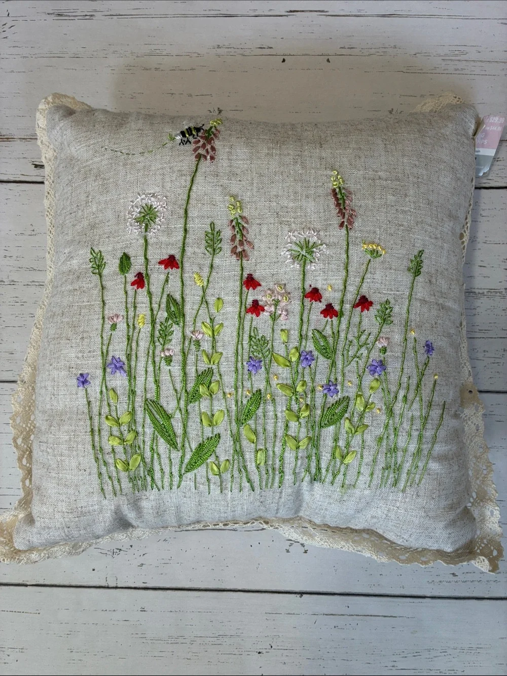 Set of 2 Ashland Embroidered Wildflower Floral Pillows with Crochet Trim, NWT